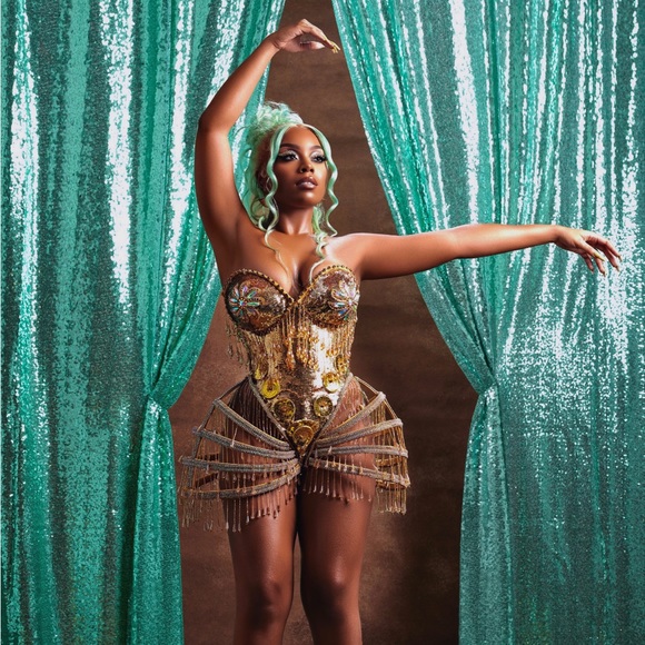 Custom gold bodysuit skirt costume. - Picture 2 of 4